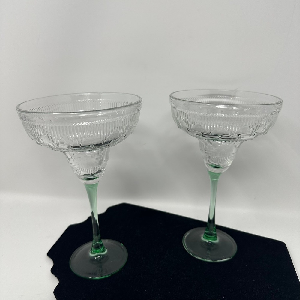 Unbranded Margarita Glass Set of 2 Clear Green Stem Cut Glass Vintage Style